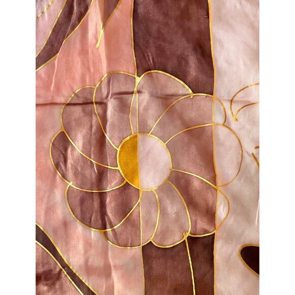 Hand-Painted Silk Scarf Abstract Floral Brown Gold Peach Black 57x16 Rolled Hem - Picture 5 of 10